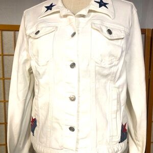 Upcycled denim jacket decorated with red, white, and blue Stars and Stripes.